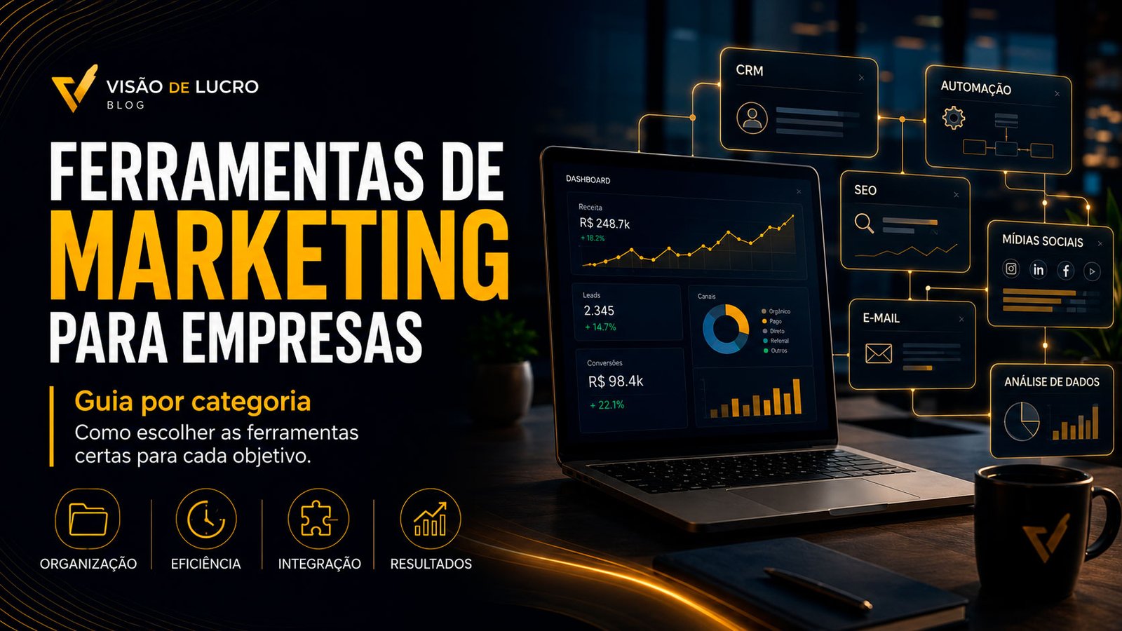 Thumb do blog Visão de Lucro sobre ferramentas de marketing para empresas, com notebook e categorias como CRM, automação, SEO, e-mail, mídias sociais e análise de dados.