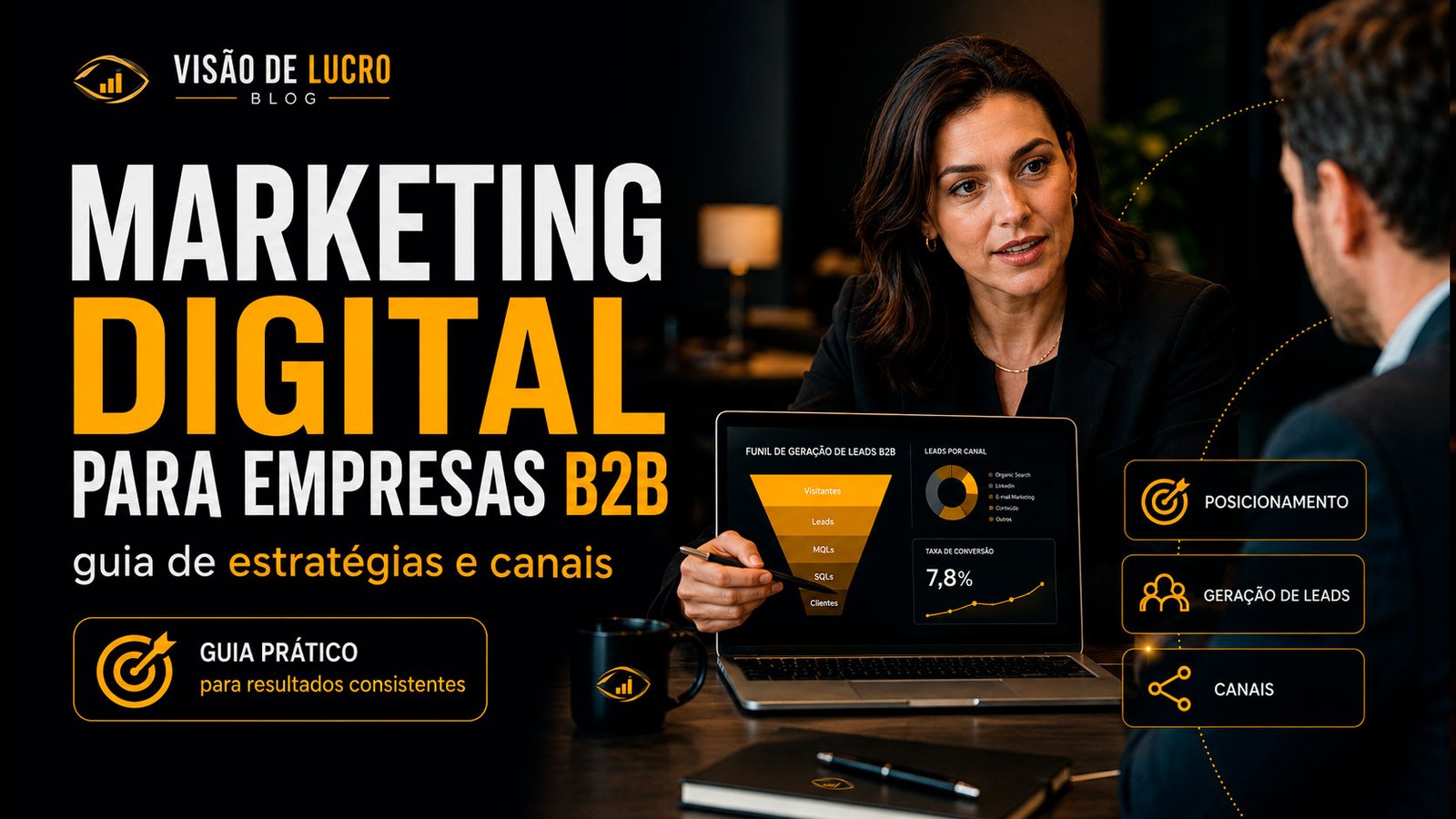 Thumb do blog Visão de Lucro sobre marketing digital para empresas B2B, com executiva apresentando estratégias, canais e geração de leads em uma reunião de negócios.