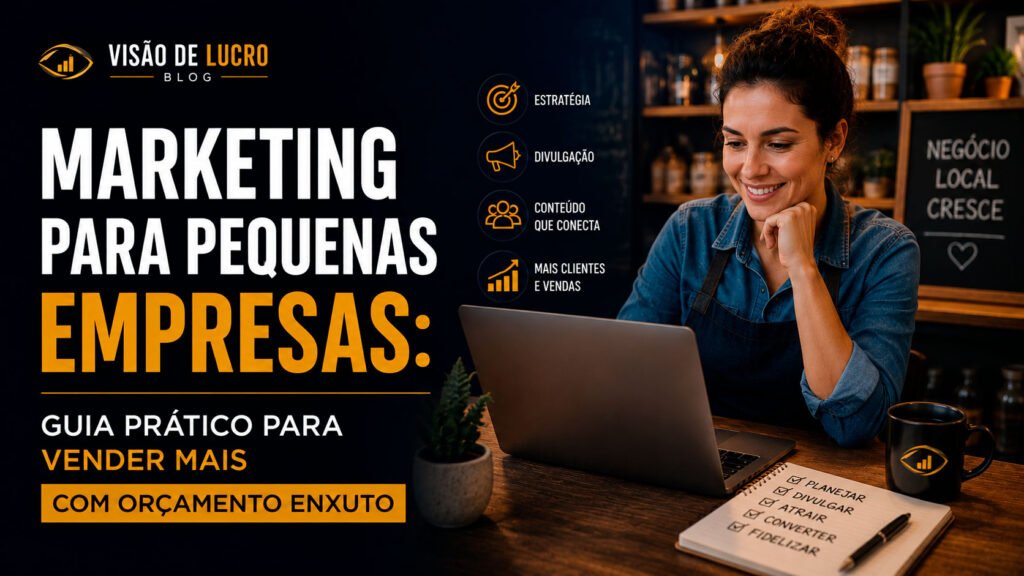 Thumb do blog Visão de Lucro sobre marketing para pequenas empresas, com empreendedora usando notebook e destaque para estratégias práticas de vendas com orçamento enxuto.