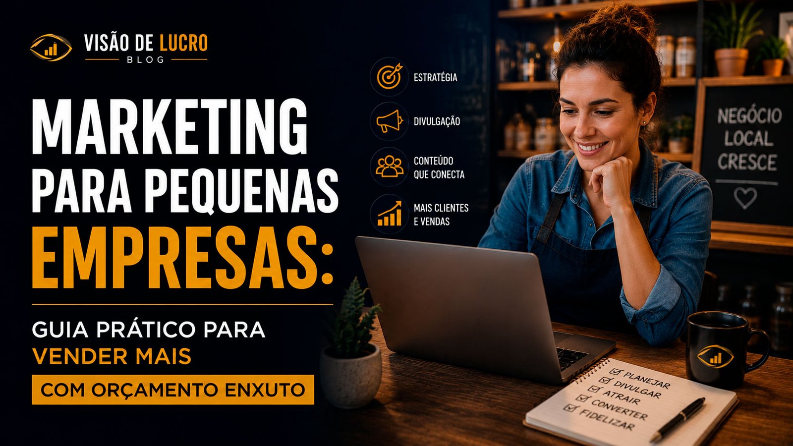 Thumb do blog Visão de Lucro sobre marketing para pequenas empresas, com empreendedora usando notebook e destaque para estratégias práticas de vendas com orçamento enxuto.