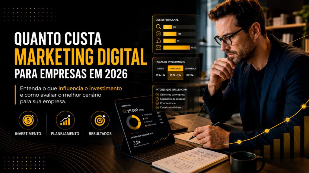 Thumb do blog Visão de Lucro sobre quanto custa marketing digital para empresas em 2026, com profissional analisando investimento e planejamento em uma tela com indicadores.