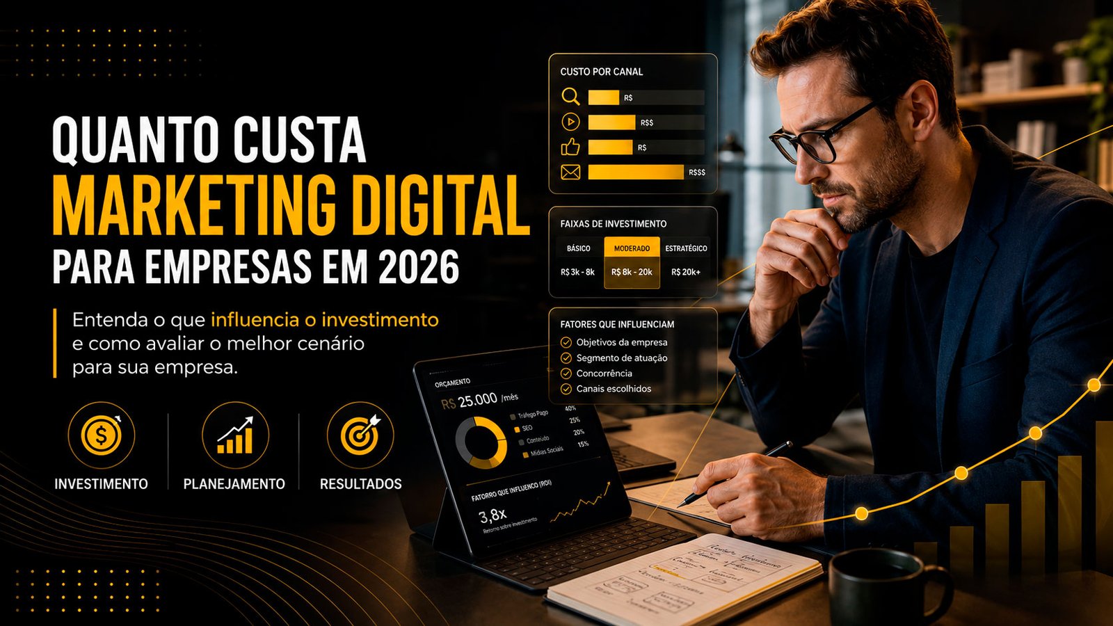 Thumb do blog Visão de Lucro sobre quanto custa marketing digital para empresas em 2026, com profissional analisando investimento e planejamento em uma tela com indicadores.