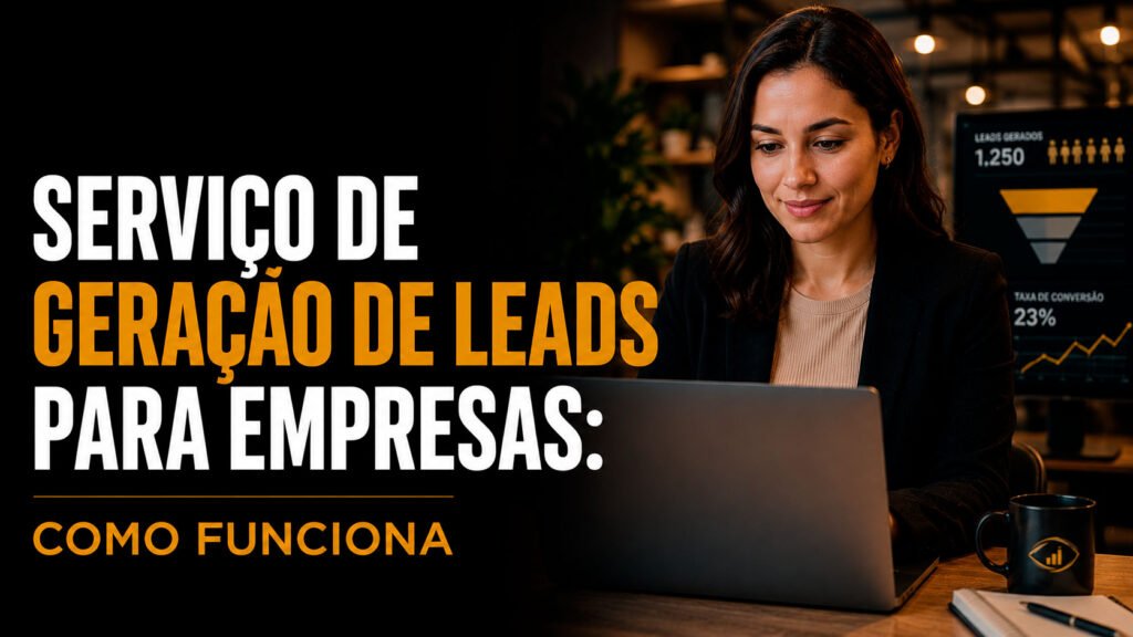 Thumb do blog Visão de Lucro sobre serviço de geração de leads para empresas, com profissional analisando resultados em notebook e indicadores de leads e conversão ao fundo.