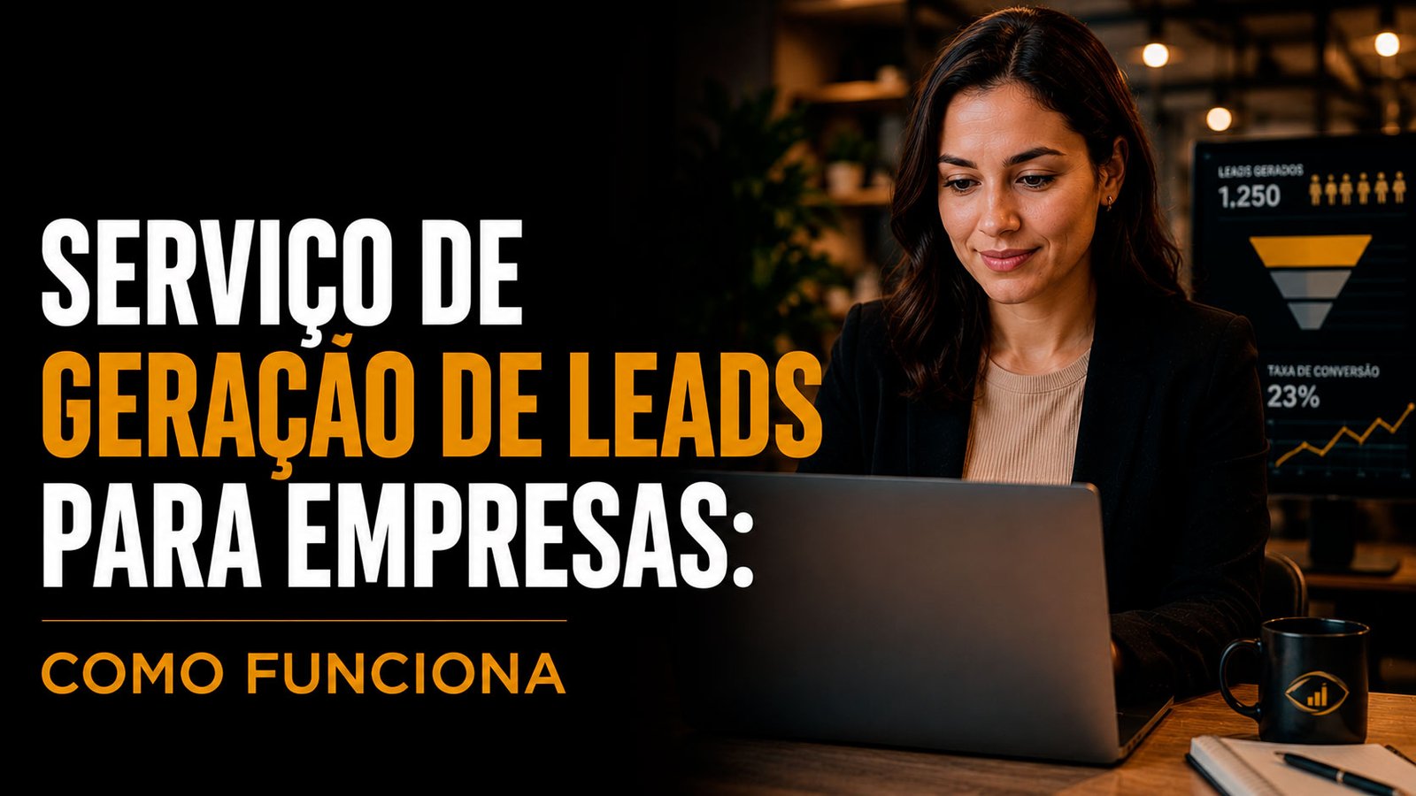 Thumb do blog Visão de Lucro sobre serviço de geração de leads para empresas, com profissional analisando resultados em notebook e indicadores de leads e conversão ao fundo.