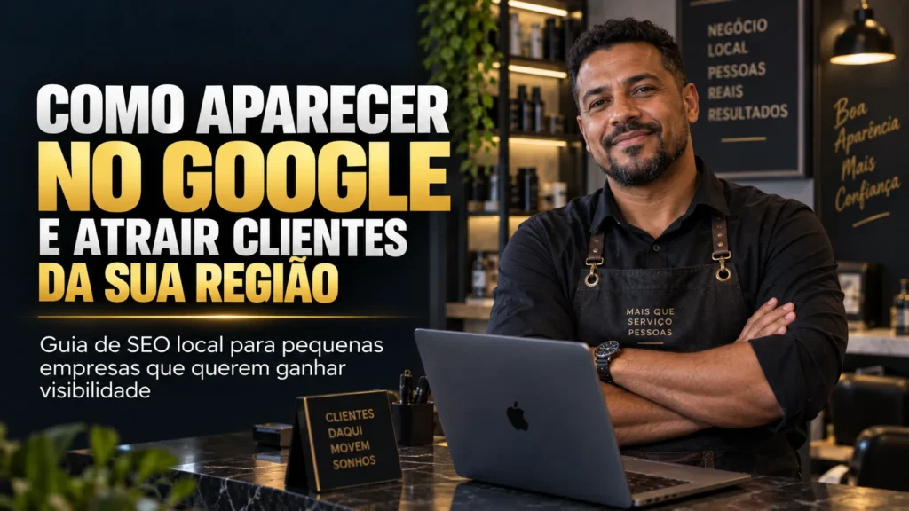 Thumb do blog Visão de Lucro sobre como aparecer no Google, com pequeno empresário em ambiente comercial e destaque para SEO local voltado a pequenas empresas que querem atrair clientes da região.