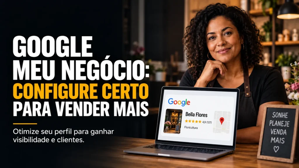 Thumb do blog Visão de Lucro sobre Google Meu Negócio, com empreendedora em ambiente comercial e destaque para configurar corretamente o perfil da empresa para ganhar visibilidade e vender mais.